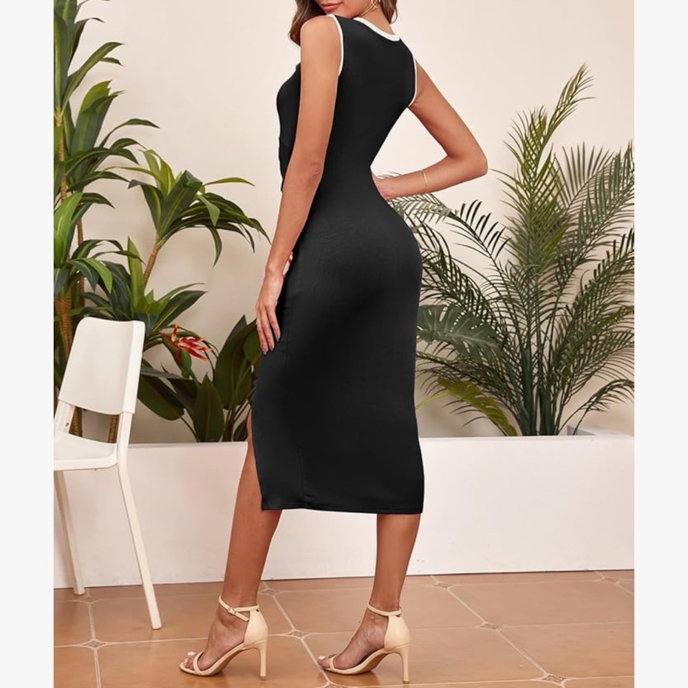 NWT Oten Women's Crew Neck Sleeveless Cutout Bodycon Slim Slit Midi Dress - Picture 4 of 11